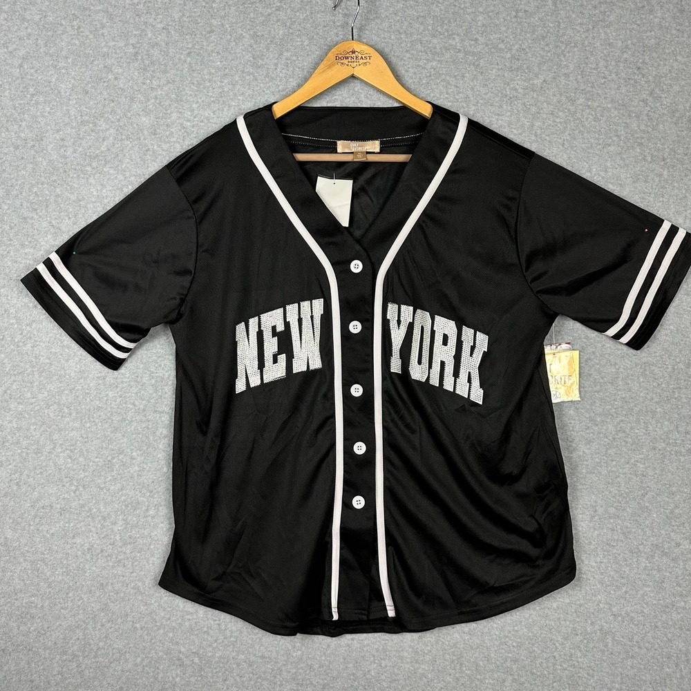 CULT FAVORITE Black White NEW YORK Baseball Jersey Shirt Unisex XL Studed Jewels